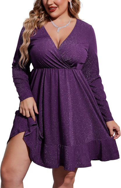 IN'VOLAND Plus Size Womens Glitter Dress V Neck Long Sleeve Ruffle Hem Swing Club Cocktail Party Dresses