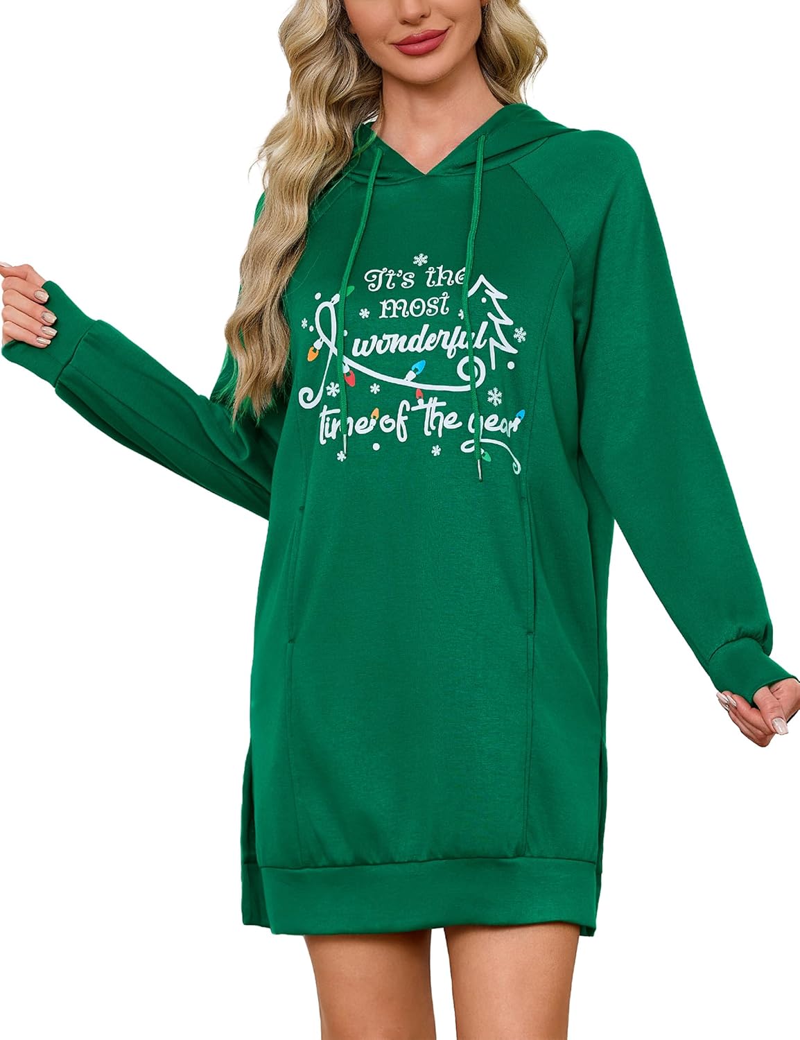 Quenteen Hoodie Dress for Women Sweatshirt Dress Oversized Casual Split Hem 2025 Fall Winter Pullover Dresses with Pockets