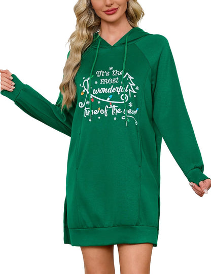 Quenteen Hoodie Dress for Women Sweatshirt Dress Oversized Casual Split Hem 2025 Fall Winter Pullover Dresses with Pockets