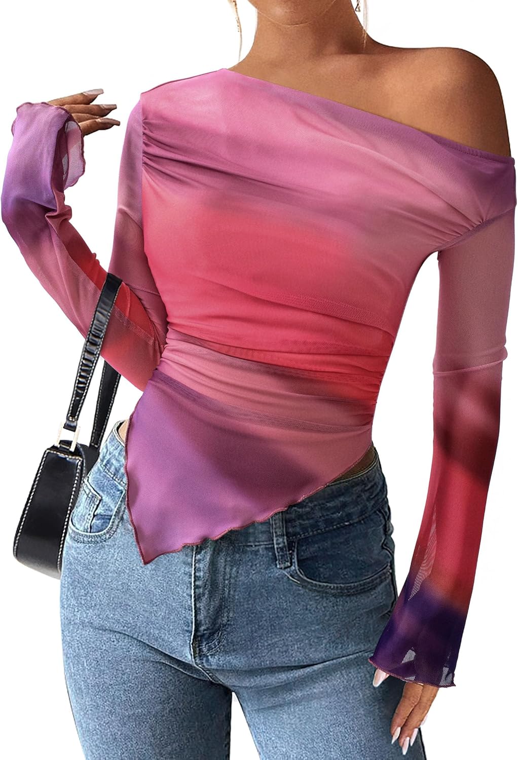 Womens Fall Trendy Off Shoulder Y2k Tops 2025 Tie Dye Mesh Long Sleeve Shirts Asymmetrical Ruched Floral Blouse