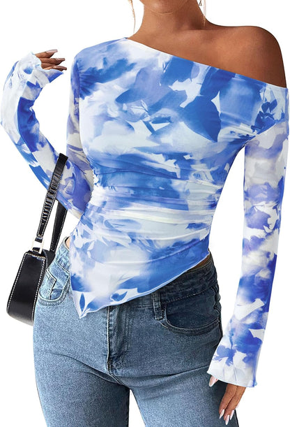 Womens Fall Trendy Off Shoulder Y2k Tops 2025 Tie Dye Mesh Long Sleeve Shirts Asymmetrical Ruched Floral Blouse