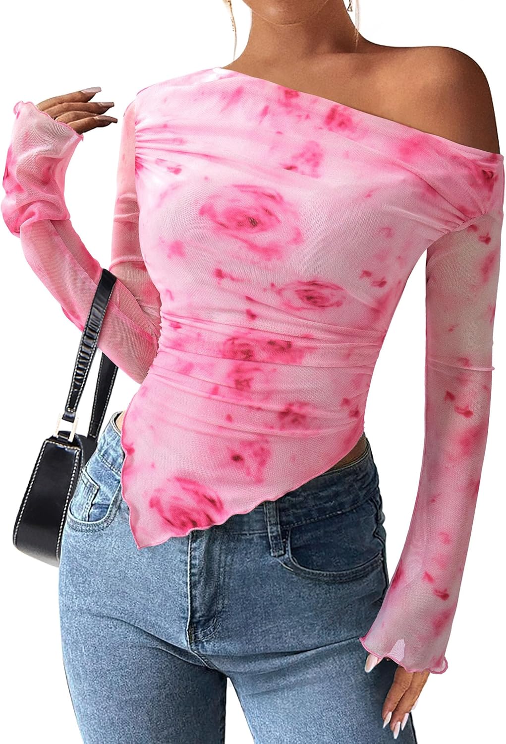 Womens Fall Trendy Off Shoulder Y2k Tops 2025 Tie Dye Mesh Long Sleeve Shirts Asymmetrical Ruched Floral Blouse
