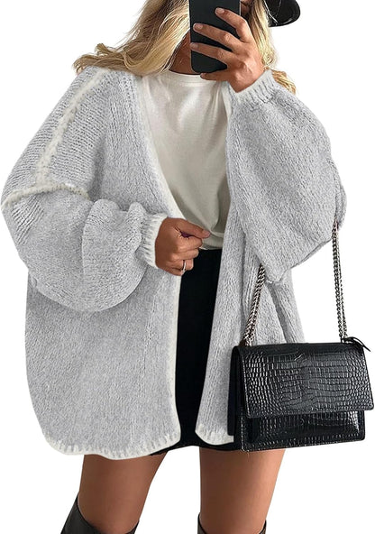Womens Oversized Cardigan Sweaters 2025 Fall Long Lantern Sleeve Knit Open Front Lightweight Sweater