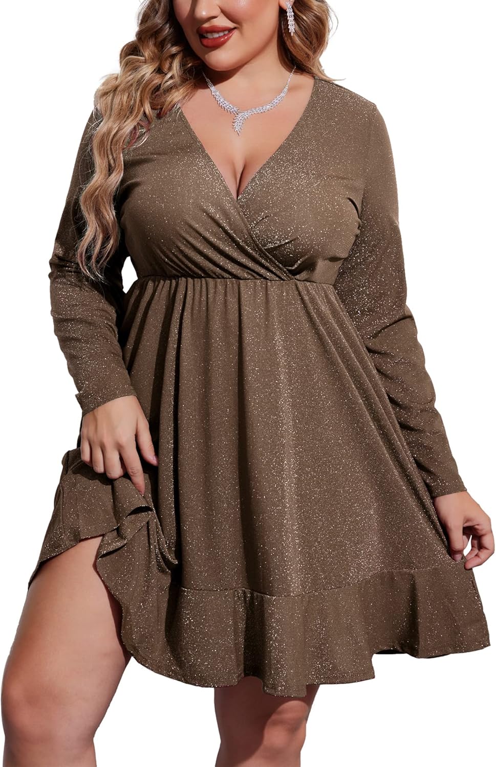 IN'VOLAND Plus Size Womens Glitter Dress V Neck Long Sleeve Ruffle Hem Swing Club Cocktail Party Dresses