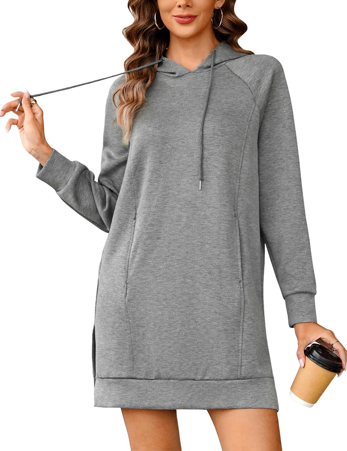 Quenteen Hoodie Dress for Women Sweatshirt Dress Oversized Casual Split Hem 2025 Fall Winter Pullover Dresses with Pockets