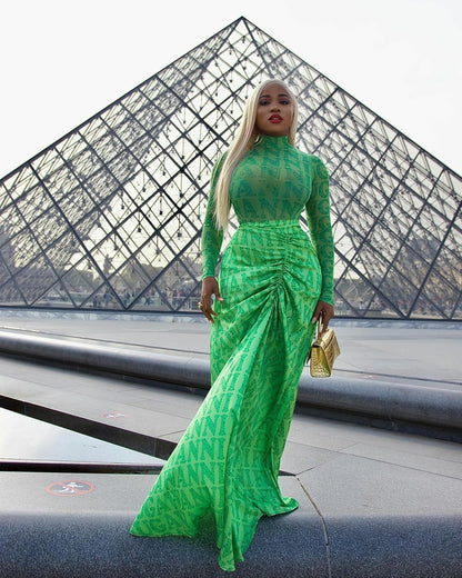 ksotutm Maxi Skirt Set Letter Print Mesh Top Long Seleeve Maxi Skirt Sexy Going Out Outfits for Women Two Piece Sets