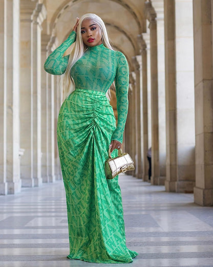 ksotutm Maxi Skirt Set Letter Print Mesh Top Long Seleeve Maxi Skirt Sexy Going Out Outfits for Women Two Piece Sets