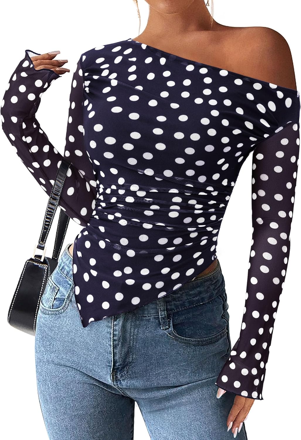 Womens Fall Trendy Off Shoulder Y2k Tops 2025 Tie Dye Mesh Long Sleeve Shirts Asymmetrical Ruched Floral Blouse