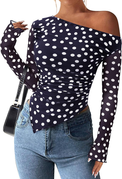 Womens Fall Trendy Off Shoulder Y2k Tops 2025 Tie Dye Mesh Long Sleeve Shirts Asymmetrical Ruched Floral Blouse