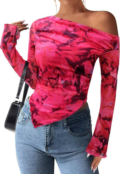 Womens Fall Trendy Off Shoulder Y2k Tops 2025 Tie Dye Mesh Long Sleeve Shirts Asymmetrical Ruched Floral Blouse