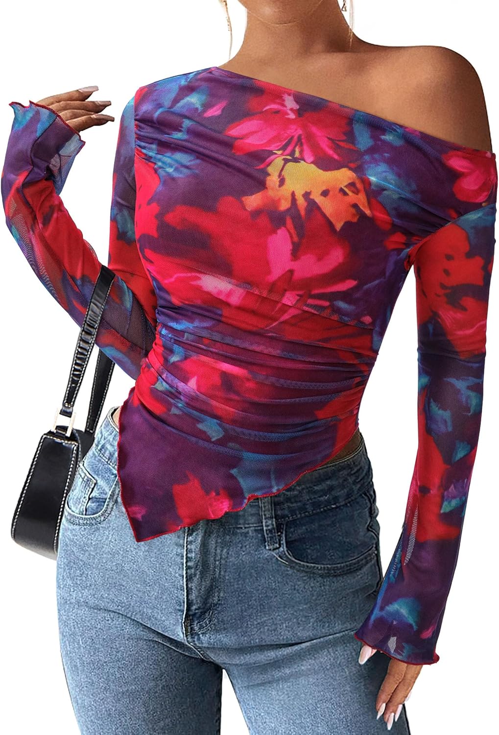 Womens Fall Trendy Off Shoulder Y2k Tops 2025 Tie Dye Mesh Long Sleeve Shirts Asymmetrical Ruched Floral Blouse