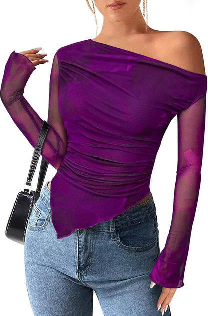 Womens Fall Trendy Off Shoulder Y2k Tops 2025 Tie Dye Mesh Long Sleeve Shirts Asymmetrical Ruched Floral Blouse