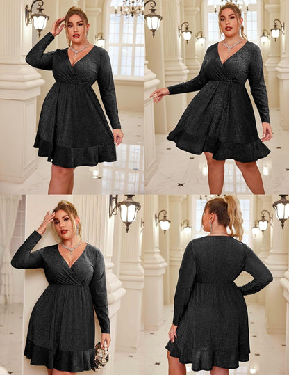 IN'VOLAND Plus Size Womens Glitter Dress V Neck Long Sleeve Ruffle Hem Swing Club Cocktail Party Dresses