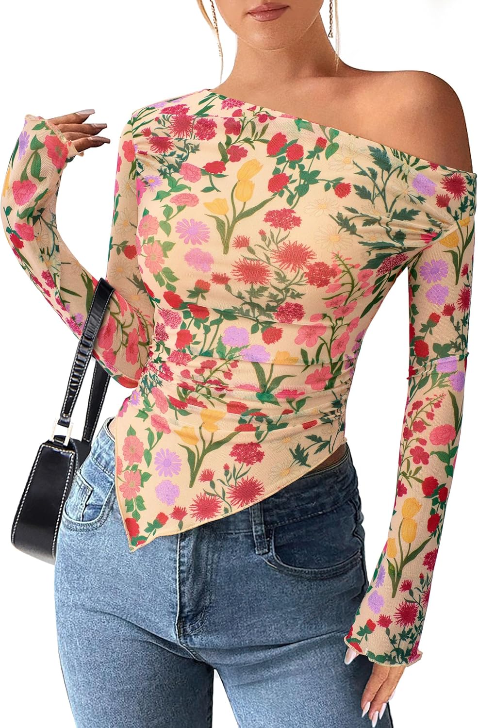 Womens Fall Trendy Off Shoulder Y2k Tops 2025 Tie Dye Mesh Long Sleeve Shirts Asymmetrical Ruched Floral Blouse