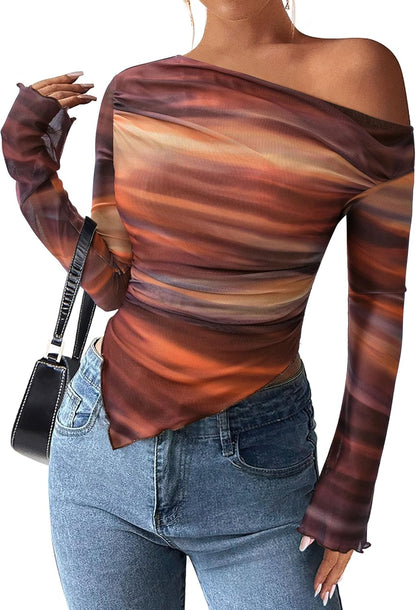 Womens Fall Trendy Off Shoulder Y2k Tops 2025 Tie Dye Mesh Long Sleeve Shirts Asymmetrical Ruched Floral Blouse