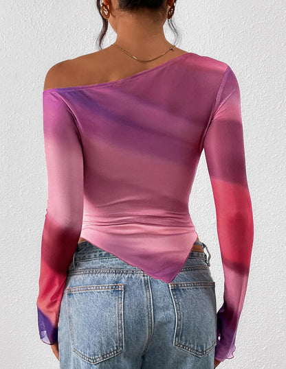 Womens Fall Trendy Off Shoulder Y2k Tops 2025 Tie Dye Mesh Long Sleeve Shirts Asymmetrical Ruched Floral Blouse