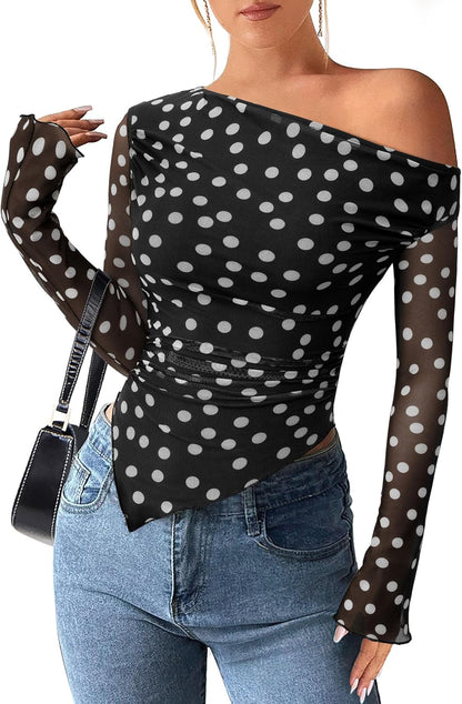 Womens Fall Trendy Off Shoulder Y2k Tops 2025 Tie Dye Mesh Long Sleeve Shirts Asymmetrical Ruched Floral Blouse