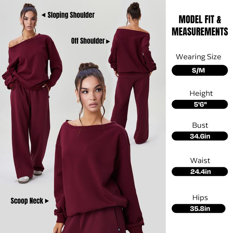 Women's Leisure Solid Color Sloping Shoulder Long Sleeve Top & Wide Leg Trousers Co-ord, Cozy Scoop Neck Loose Two Piece Outfits, Basic Womenswear