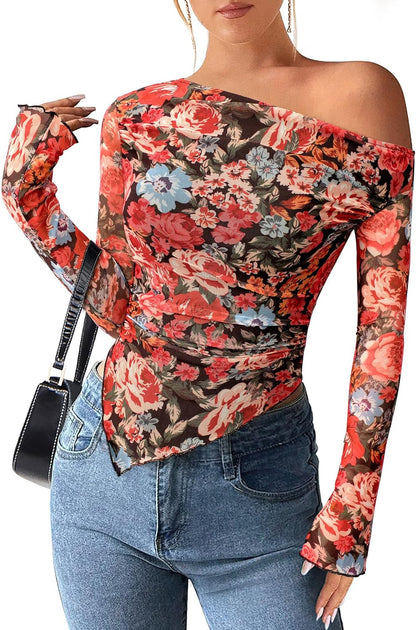 Womens Fall Trendy Off Shoulder Y2k Tops 2025 Tie Dye Mesh Long Sleeve Shirts Asymmetrical Ruched Floral Blouse
