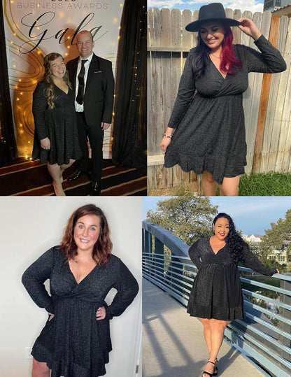 IN'VOLAND Plus Size Womens Glitter Dress V Neck Long Sleeve Ruffle Hem Swing Club Cocktail Party Dresses