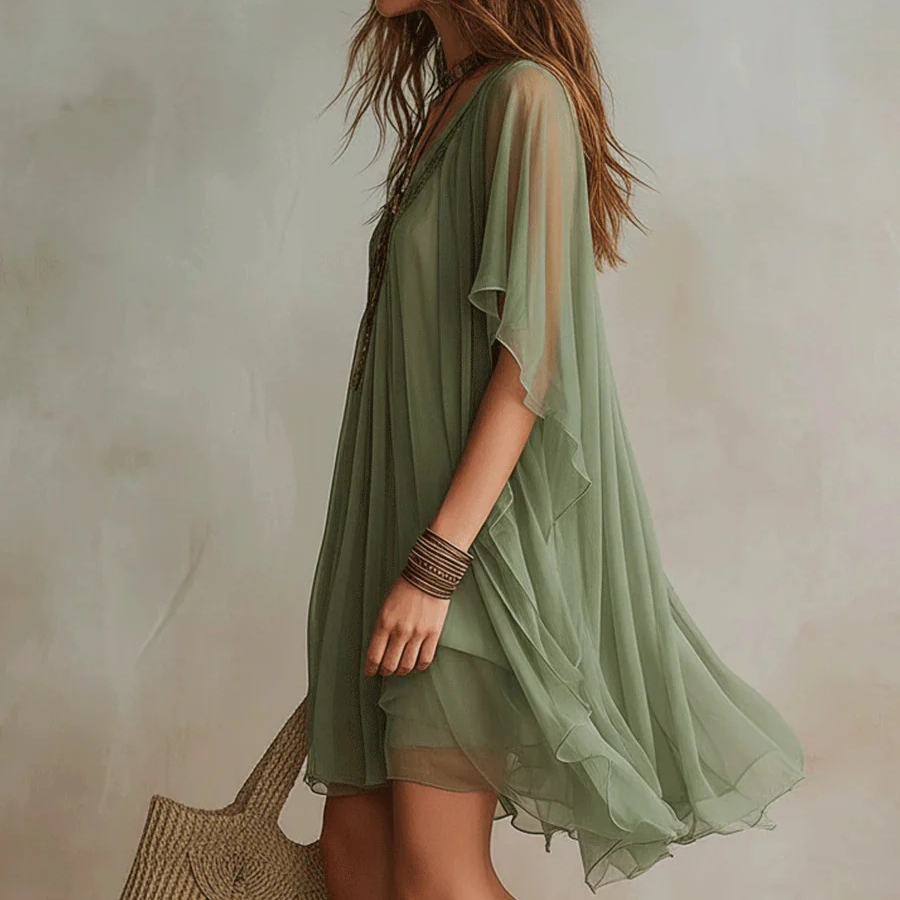 FLOWY V-NECK CHIFFON BEACH DRESS
