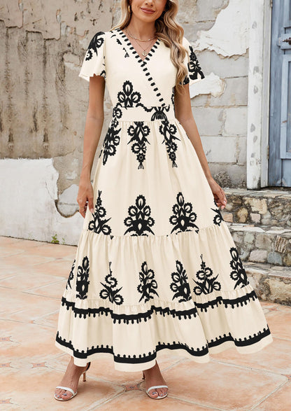 Womens Casual V Neck Boho Maxi Dress Flowy Aline Bell Sleeve Tiered Floral Dresses with Pocket