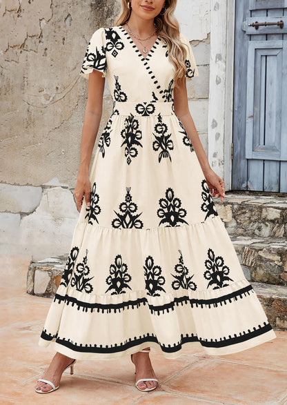 Womens Casual V Neck Boho Maxi Dress Flowy Aline Bell Sleeve Tiered Floral Dresses with Pocket