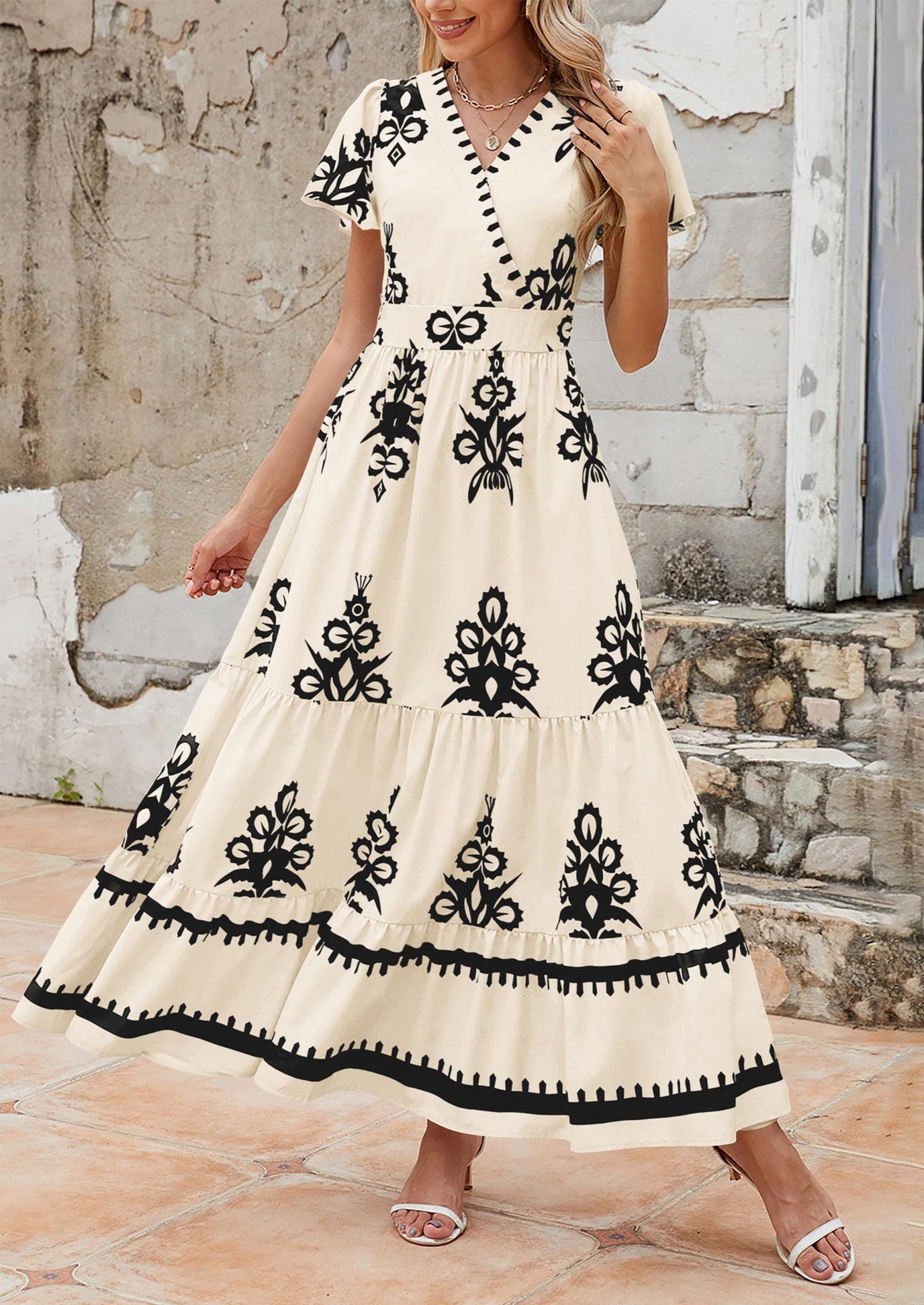 Womens Casual V Neck Boho Maxi Dress Flowy Aline Bell Sleeve Tiered Floral Dresses with Pocket