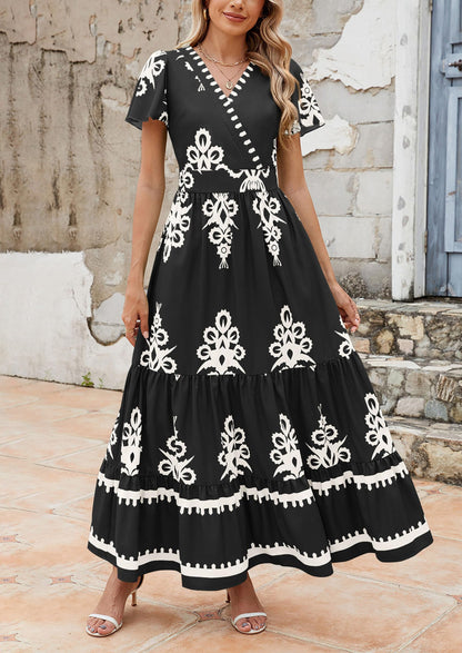 Womens Casual V Neck Boho Maxi Dress Flowy Aline Bell Sleeve Tiered Floral Dresses with Pocket