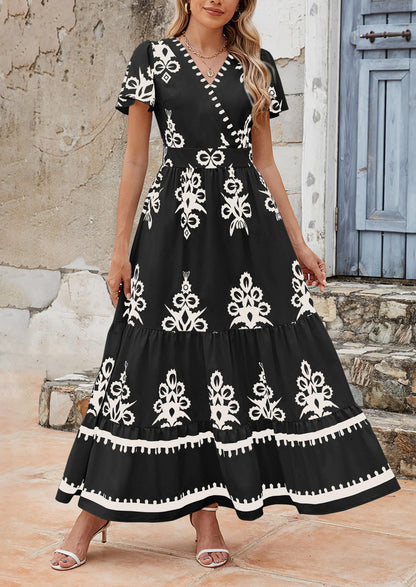 Womens Casual V Neck Boho Maxi Dress Flowy Aline Bell Sleeve Tiered Floral Dresses with Pocket