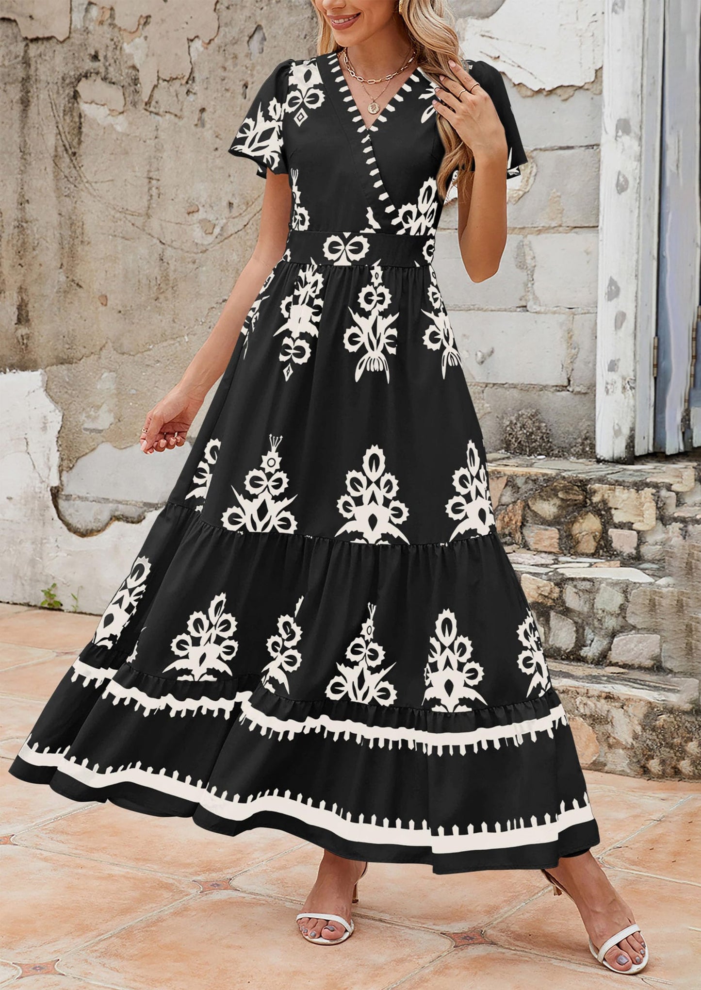 Womens Casual V Neck Boho Maxi Dress Flowy Aline Bell Sleeve Tiered Floral Dresses with Pocket
