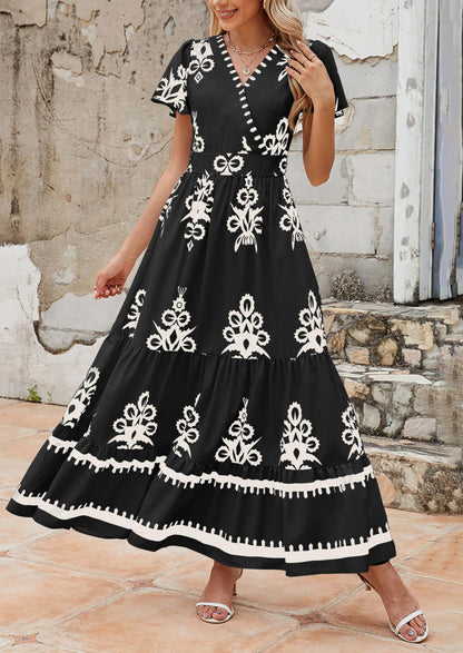 Womens Casual V Neck Boho Maxi Dress Flowy Aline Bell Sleeve Tiered Floral Dresses with Pocket