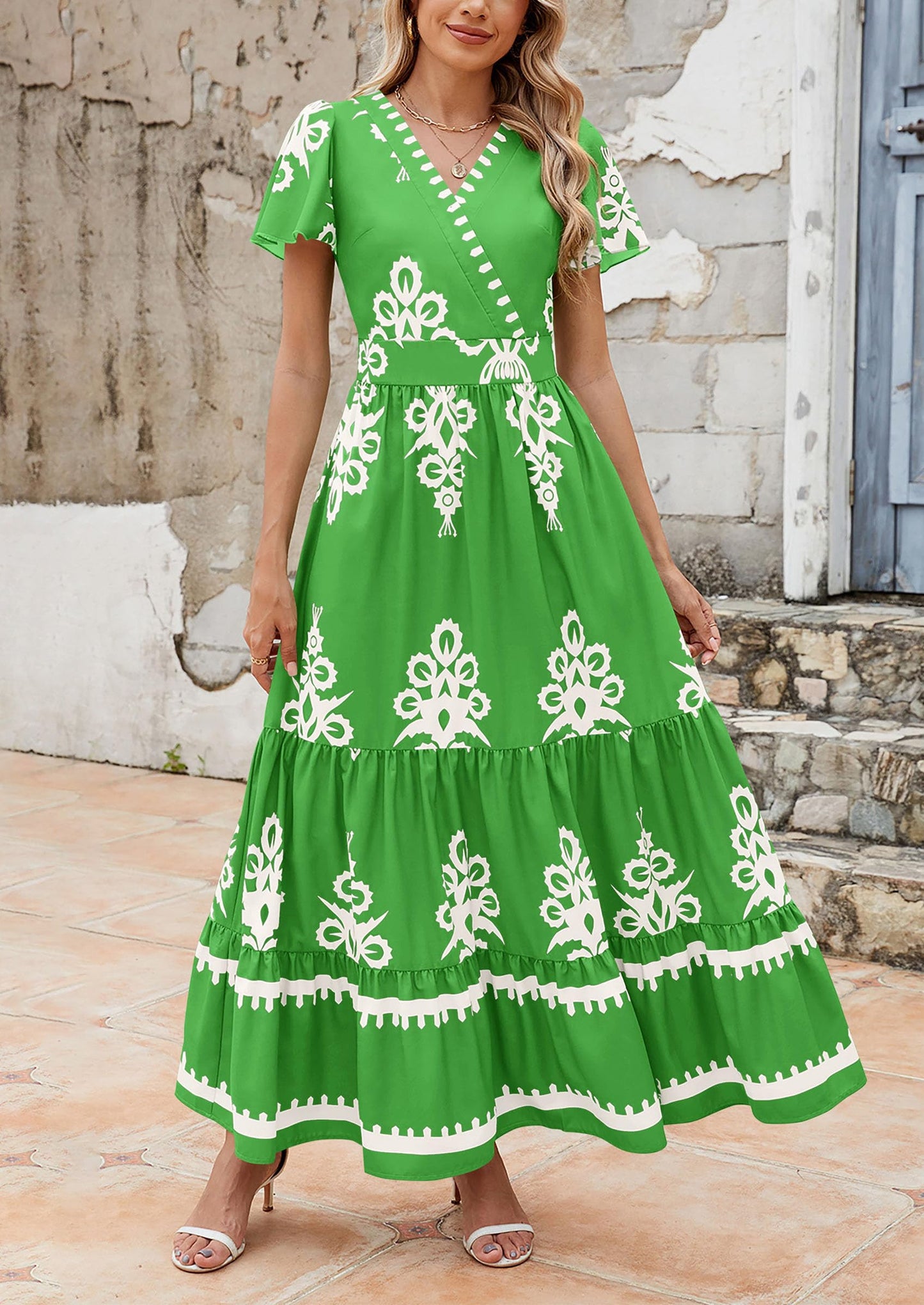 Womens Casual V Neck Boho Maxi Dress Flowy Aline Bell Sleeve Tiered Floral Dresses with Pocket