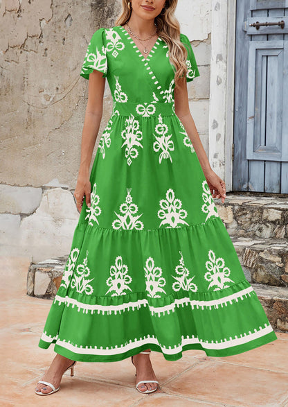 Womens Casual V Neck Boho Maxi Dress Flowy Aline Bell Sleeve Tiered Floral Dresses with Pocket