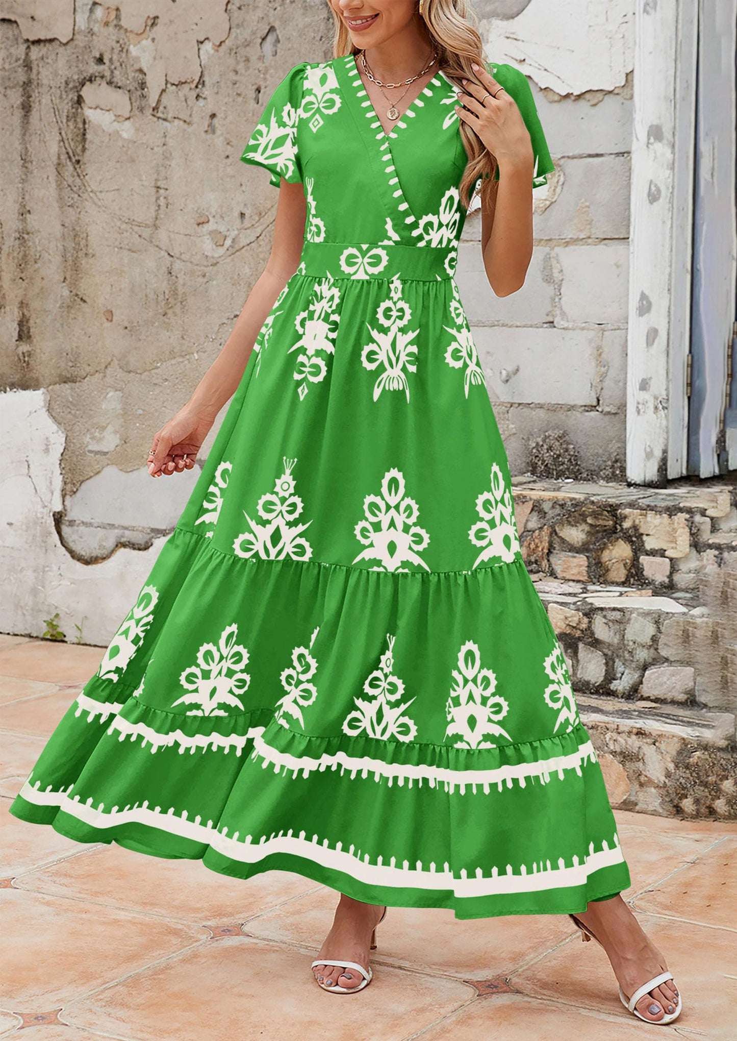 Womens Casual V Neck Boho Maxi Dress Flowy Aline Bell Sleeve Tiered Floral Dresses with Pocket