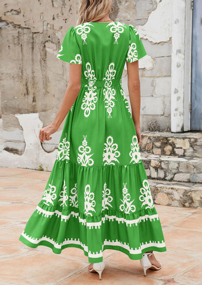 Womens Casual V Neck Boho Maxi Dress Flowy Aline Bell Sleeve Tiered Floral Dresses with Pocket