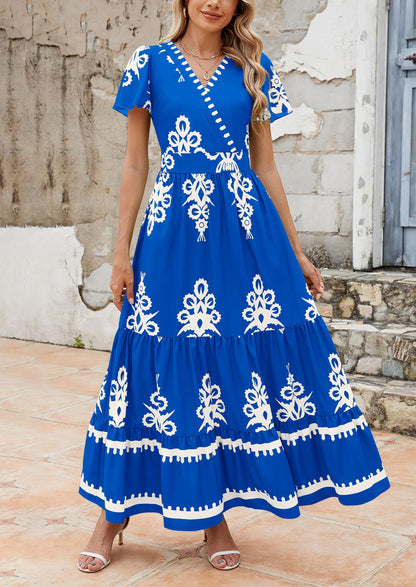 Womens Casual V Neck Boho Maxi Dress Flowy Aline Bell Sleeve Tiered Floral Dresses with Pocket