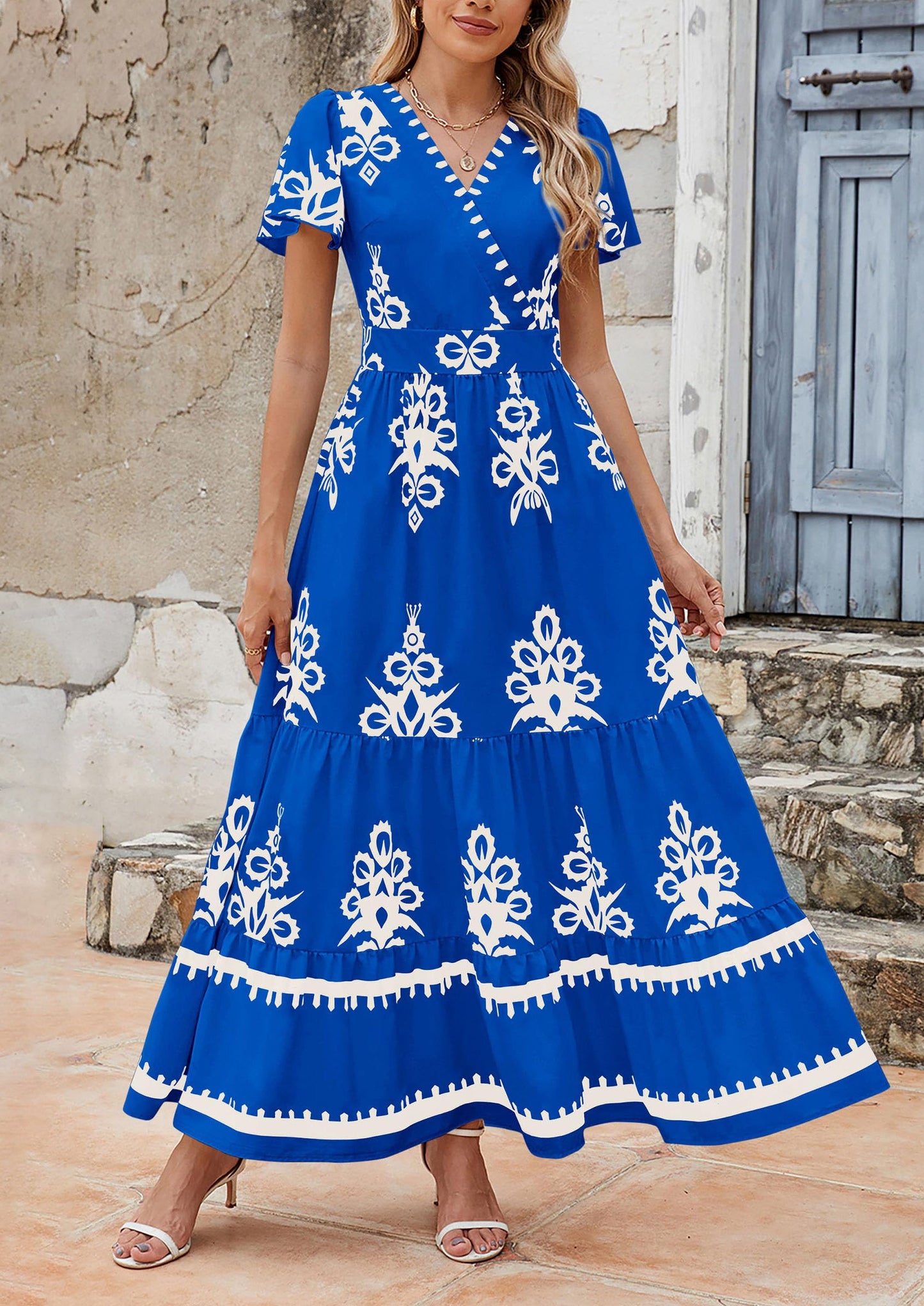 Womens Casual V Neck Boho Maxi Dress Flowy Aline Bell Sleeve Tiered Floral Dresses with Pocket