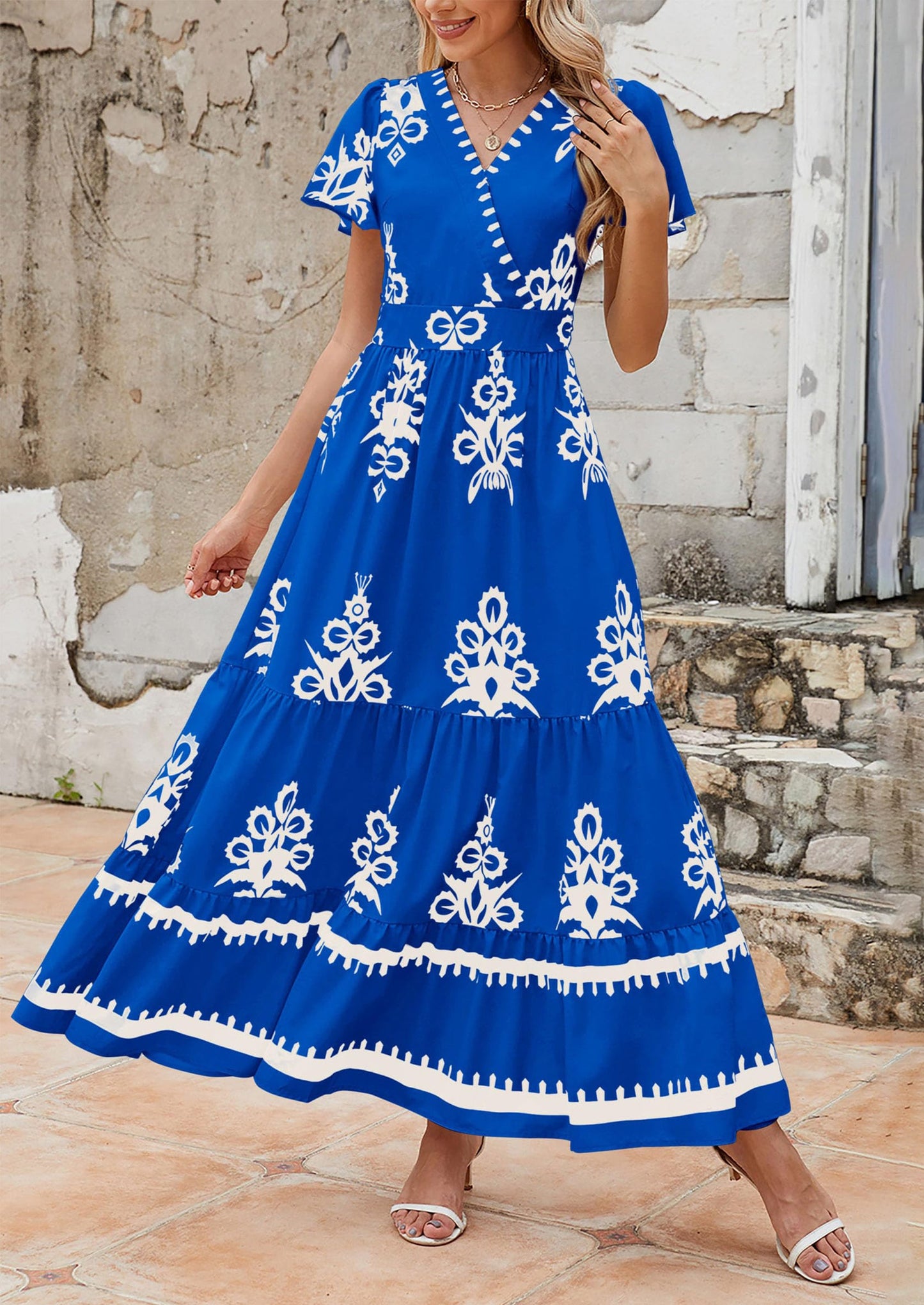 Womens Casual V Neck Boho Maxi Dress Flowy Aline Bell Sleeve Tiered Floral Dresses with Pocket