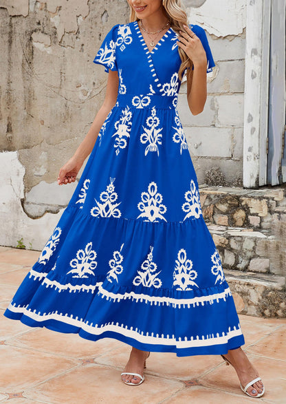 Womens Casual V Neck Boho Maxi Dress Flowy Aline Bell Sleeve Tiered Floral Dresses with Pocket