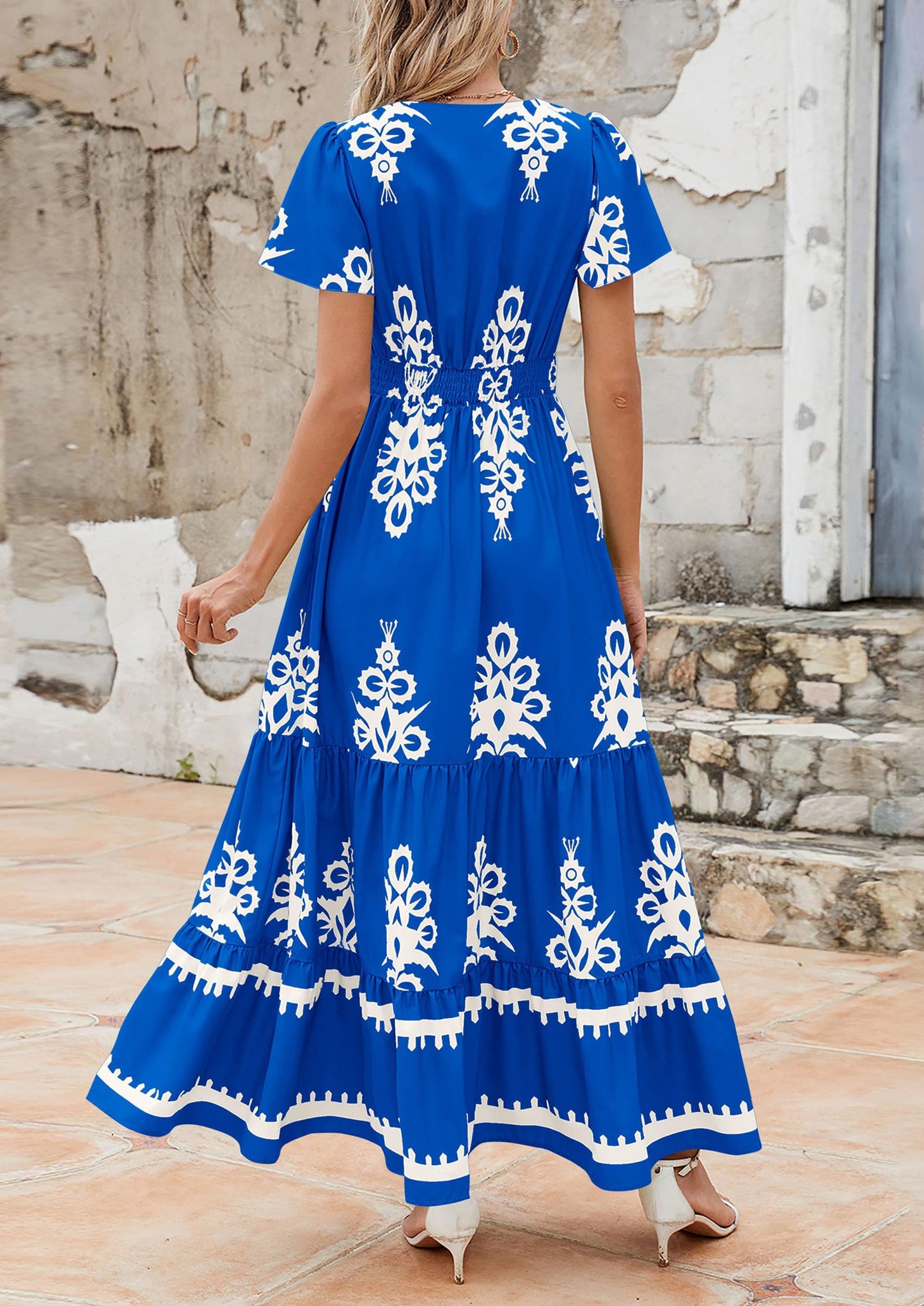 Womens Casual V Neck Boho Maxi Dress Flowy Aline Bell Sleeve Tiered Floral Dresses with Pocket