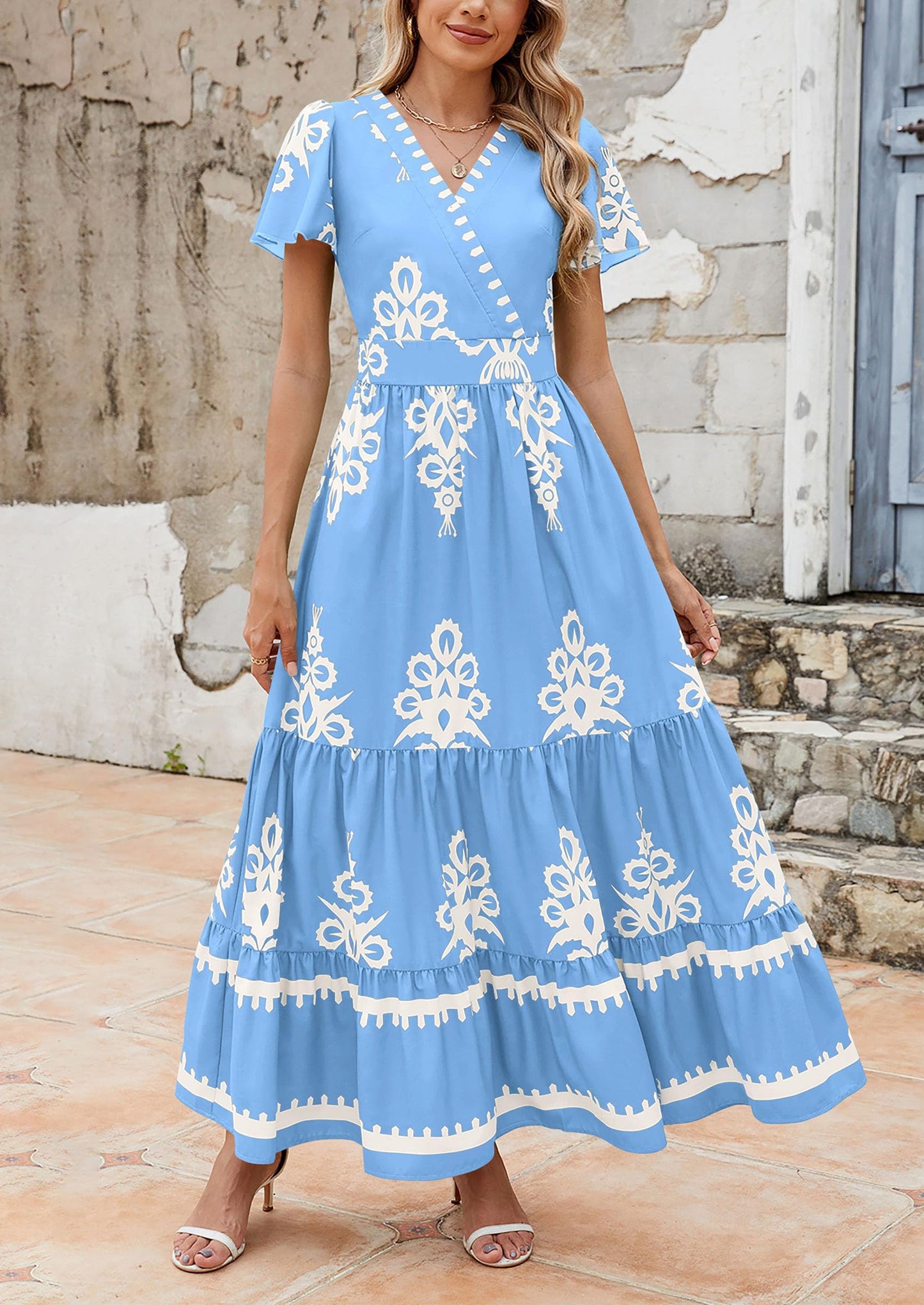 Womens Casual V Neck Boho Maxi Dress Flowy Aline Bell Sleeve Tiered Floral Dresses with Pocket