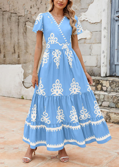 Womens Casual V Neck Boho Maxi Dress Flowy Aline Bell Sleeve Tiered Floral Dresses with Pocket