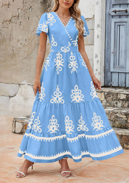 Womens Casual V Neck Boho Maxi Dress Flowy Aline Bell Sleeve Tiered Floral Dresses with Pocket