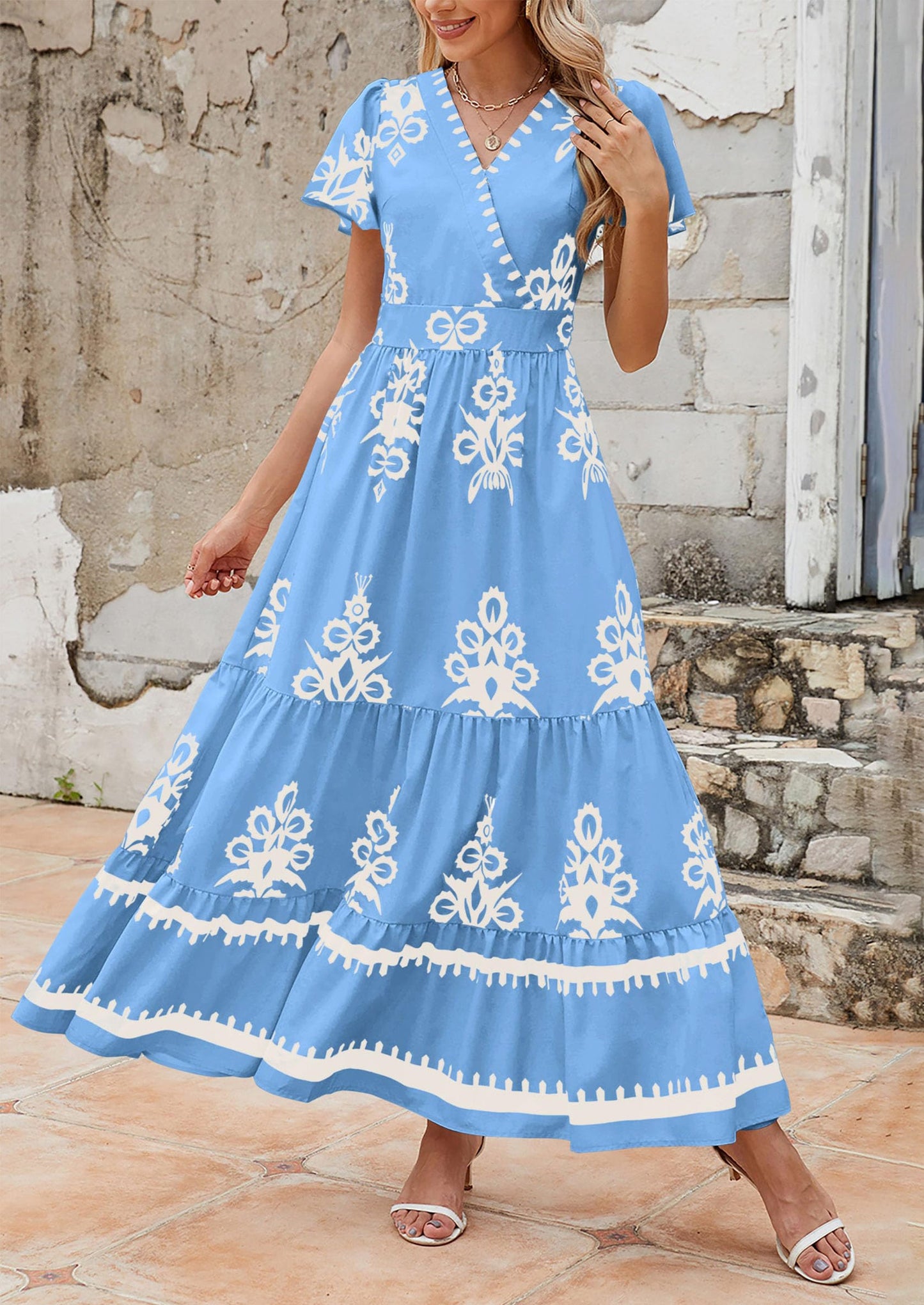 Womens Casual V Neck Boho Maxi Dress Flowy Aline Bell Sleeve Tiered Floral Dresses with Pocket