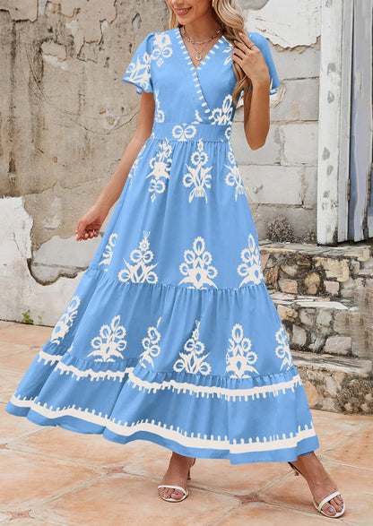 Womens Casual V Neck Boho Maxi Dress Flowy Aline Bell Sleeve Tiered Floral Dresses with Pocket