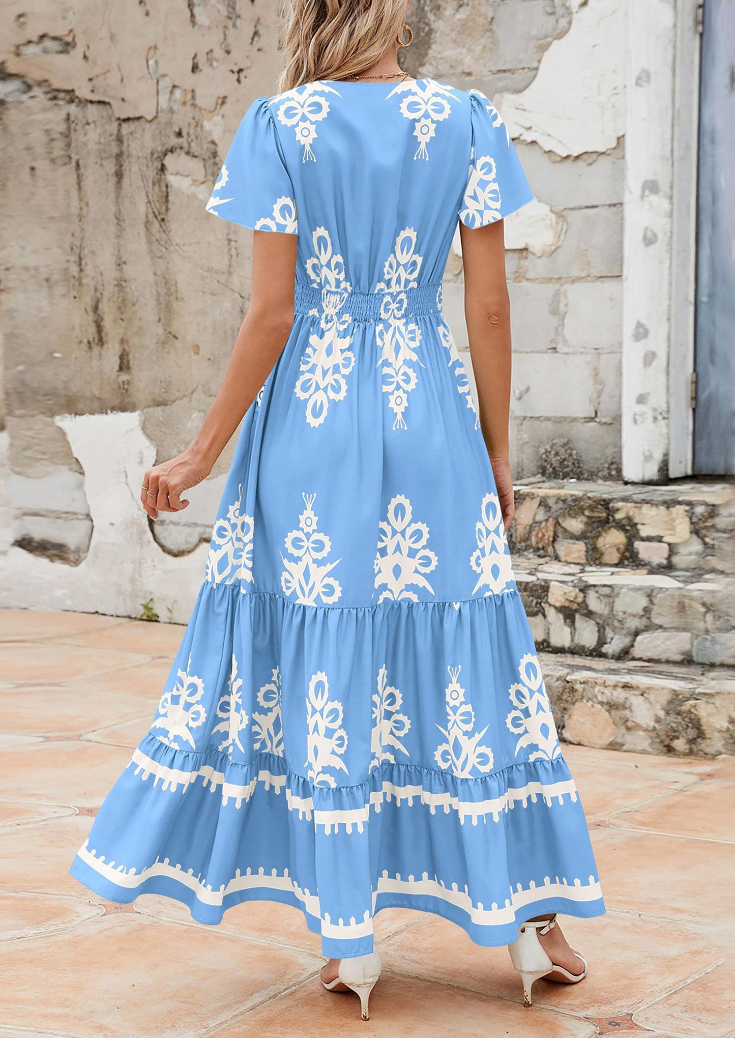 Womens Casual V Neck Boho Maxi Dress Flowy Aline Bell Sleeve Tiered Floral Dresses with Pocket