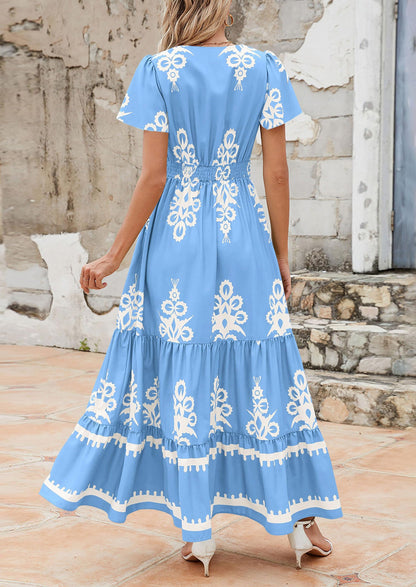 Womens Casual V Neck Boho Maxi Dress Flowy Aline Bell Sleeve Tiered Floral Dresses with Pocket