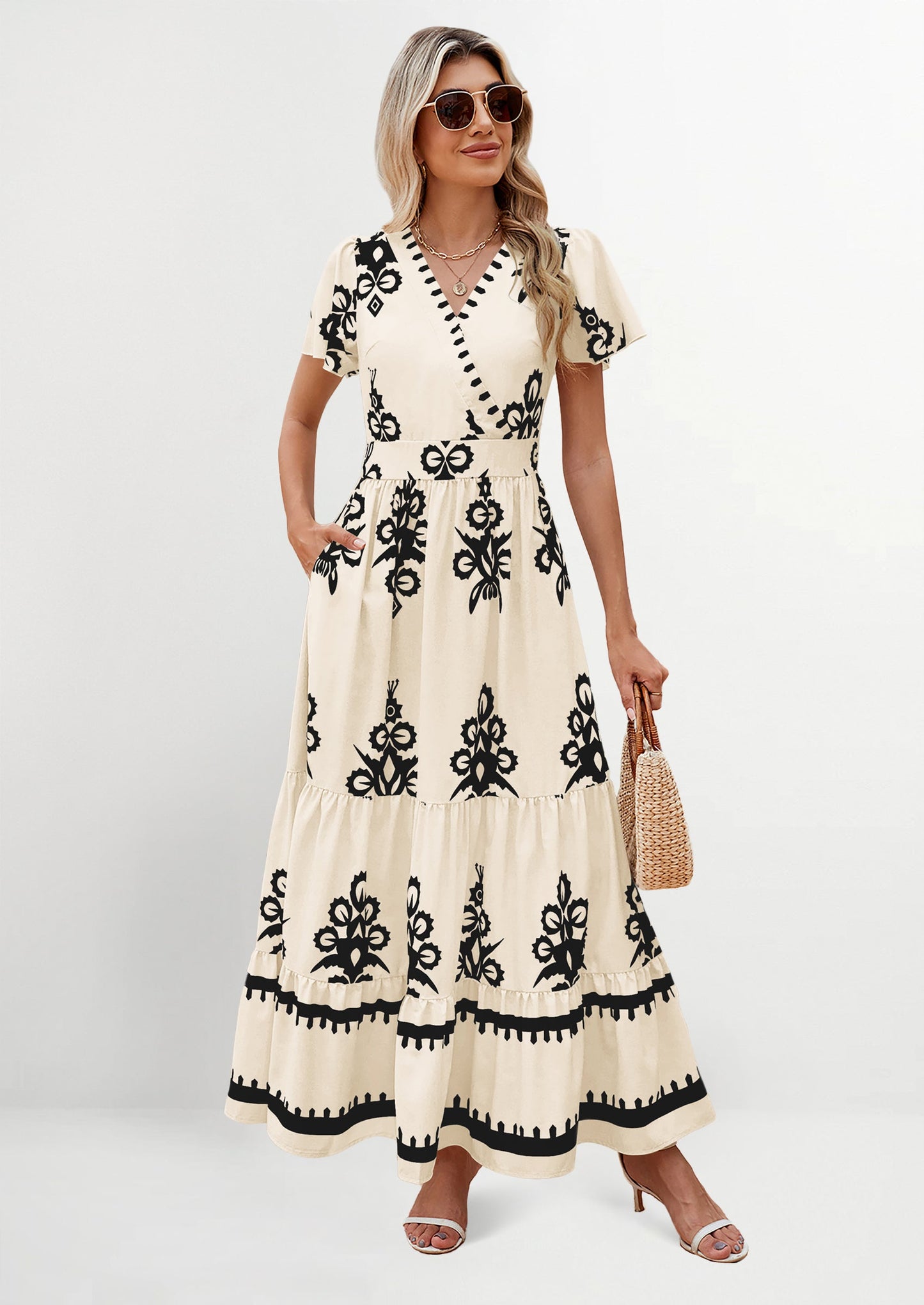 Womens Casual V Neck Boho Maxi Dress Flowy Aline Bell Sleeve Tiered Floral Dresses with Pocket