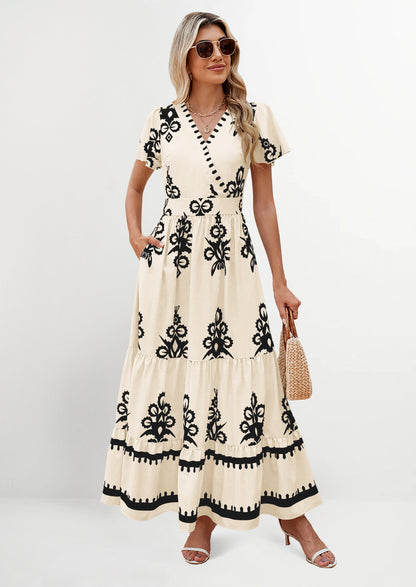 Womens Casual V Neck Boho Maxi Dress Flowy Aline Bell Sleeve Tiered Floral Dresses with Pocket